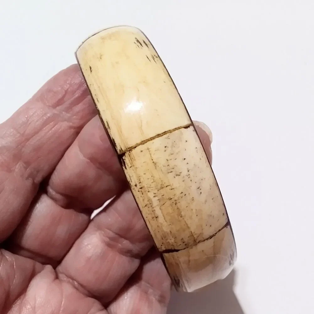 Vintage Brass Inlay Cream Organic Material Bangle Bracelet Boho